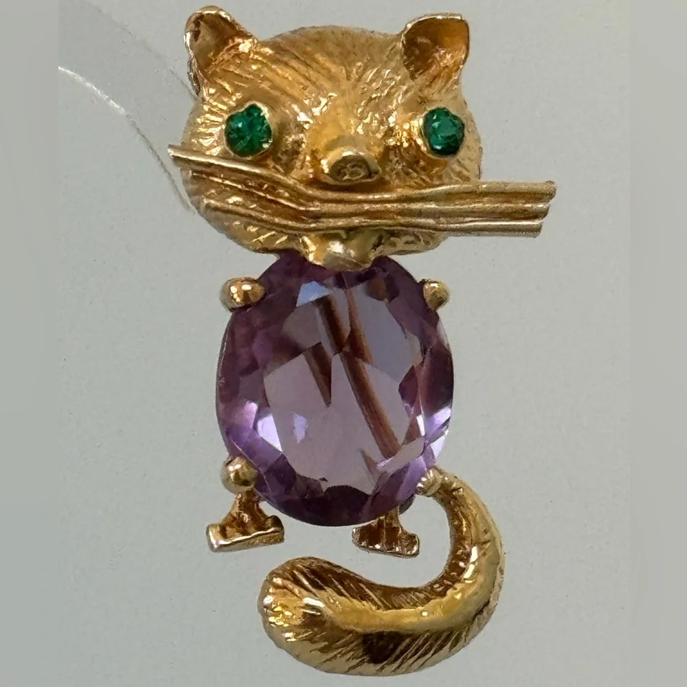 14k real solid gold amethyst emeralds eyes Cat brooch